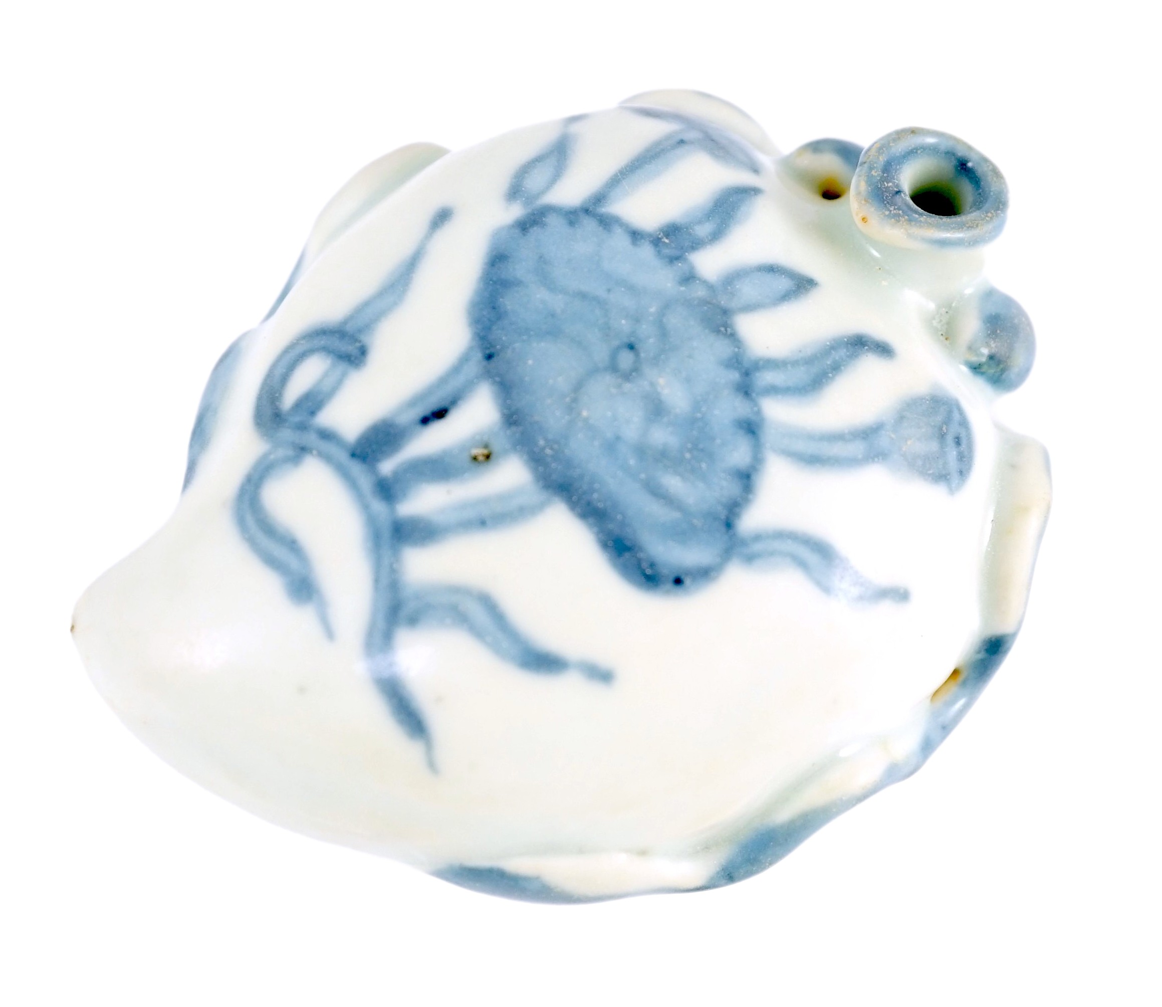 A Chinese Ming blue and white peach form waterdropper, 9.4cm long